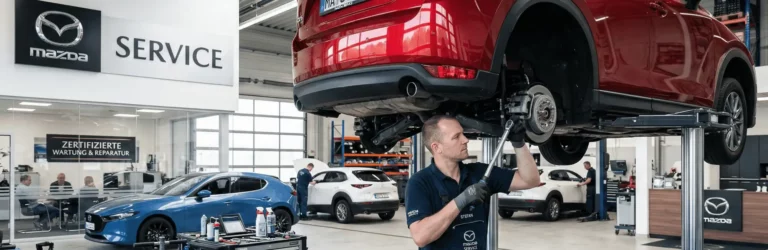 Mazda Service-Mitarbeiter bei der Inspektion eines Fahrzeugs für die Mazda Garantie